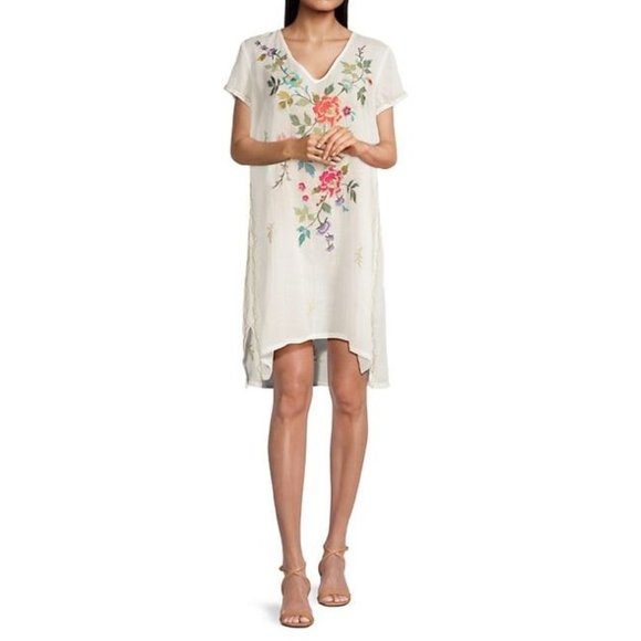 Johnny Was Adele Drape Tunic Dress Floral Embroidery Flowers White Ramie New - Picture 1 of 7